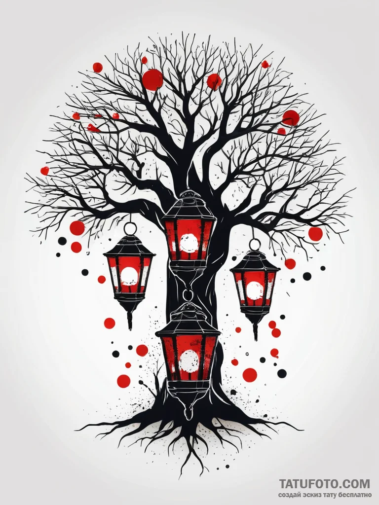Ancient tree with hanging lanterns, tattoo fl... - эскиз тату (№1751314164_0, 30.06.2025 20:09) — Tatufoto.com