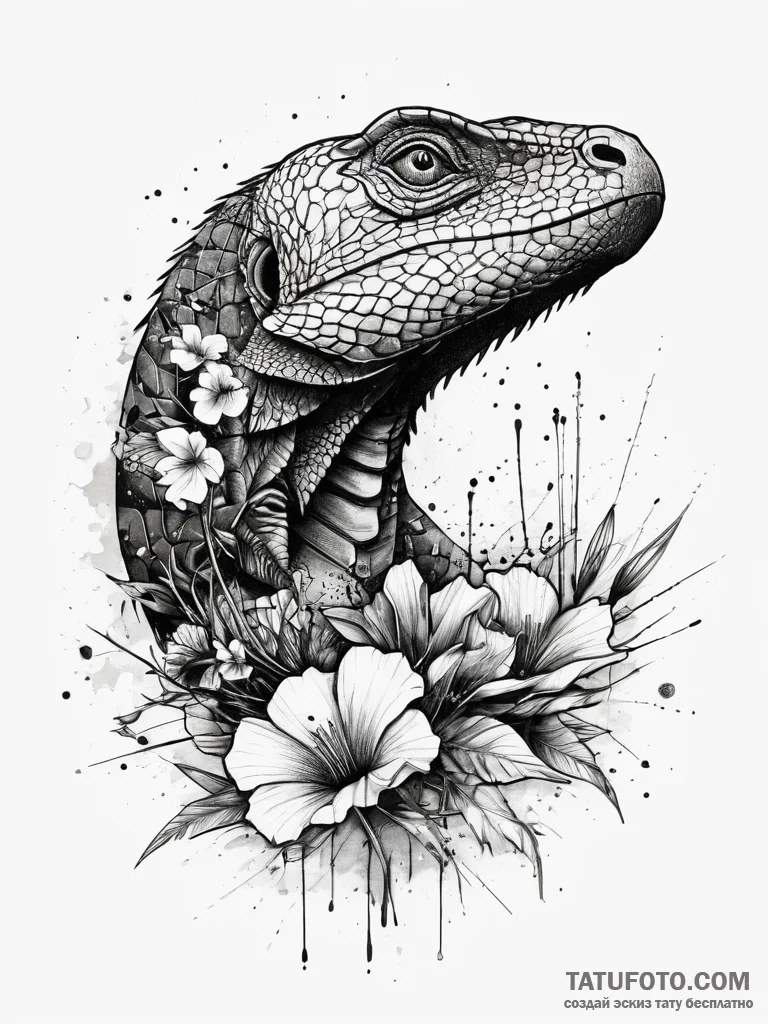 Komodo dragon devouring spectral bloom, ink i... - эскиз тату (№1751315200_0, 30.06.2025 20:26) — Tatufoto.com