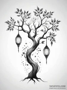 Ancient tree with hanging lanterns, artistic... - эскиз тату (№1751317813_0, 30.06.2025 21:10) — Tatufoto.com