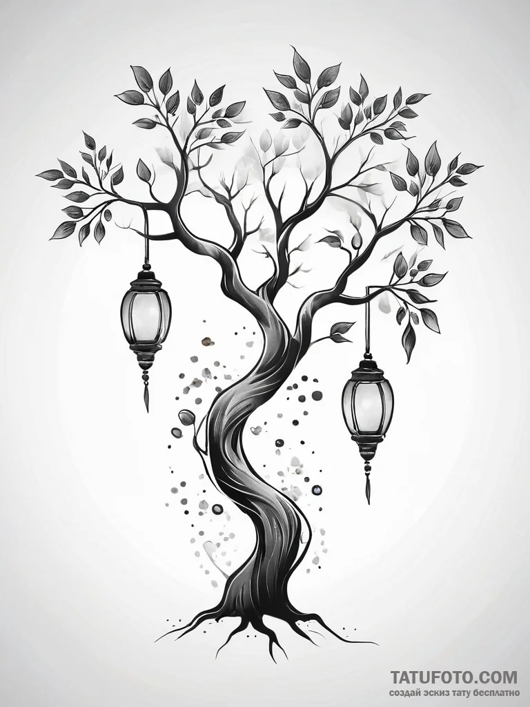 Ancient tree with hanging lanterns, artistic... - эскиз тату (№1751317813_0, 30.06.2025 21:10) — Tatufoto.com