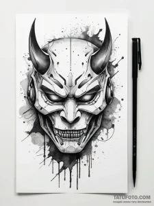 Cyberpunk oni mask, artistic tattoo sketch, f... - эскиз тату (№1751318957_0, 30.06.2025 21:29) — Tatufoto.com