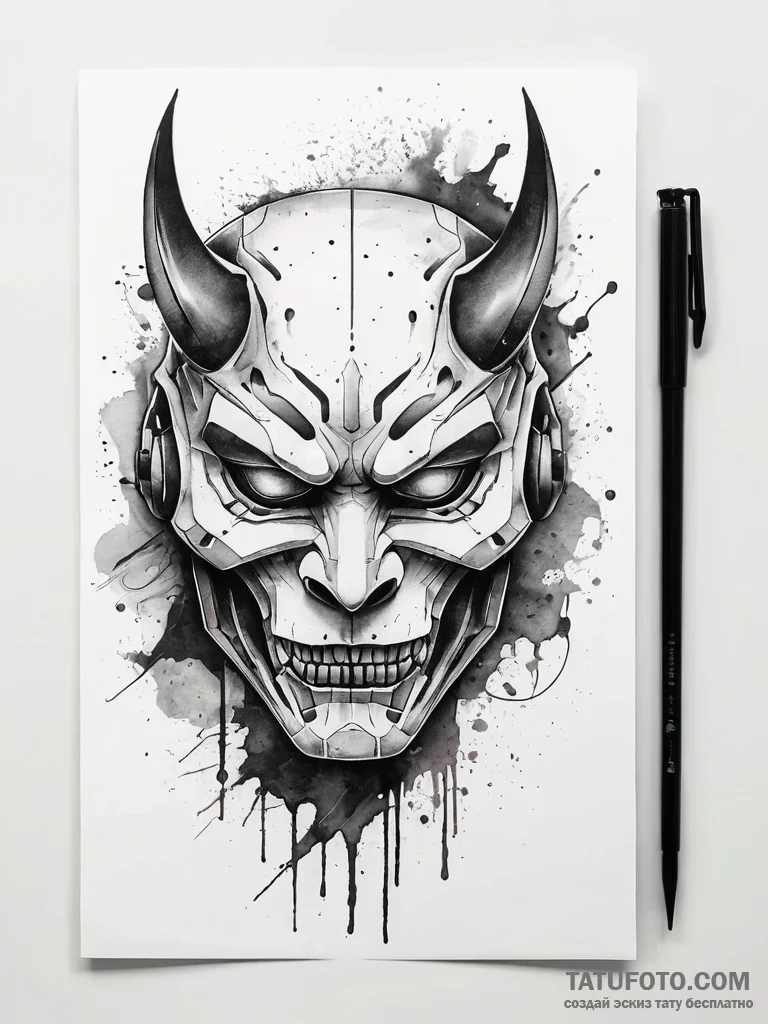 Cyberpunk oni mask, artistic tattoo sketch, f... - эскиз тату (№1751318957_0, 30.06.2025 21:29) — Tatufoto.com
