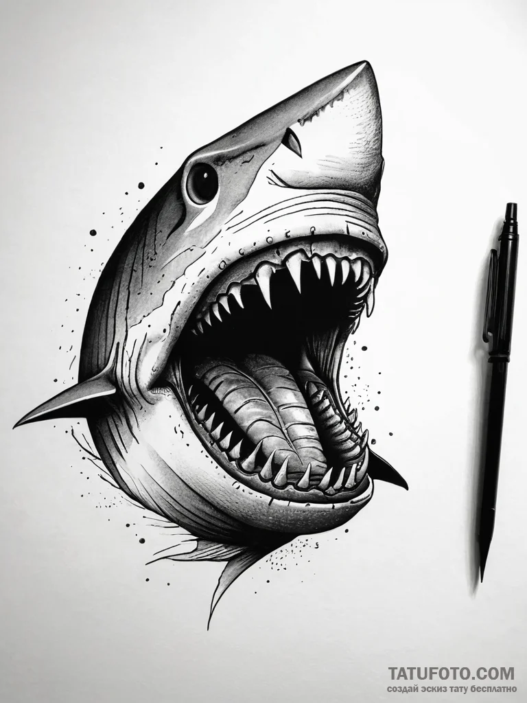 Shark's jaw, wide open, with rows of serrated... - эскиз тату (№1751319406_0, 30.06.2025 21:36) — Tatufoto.com