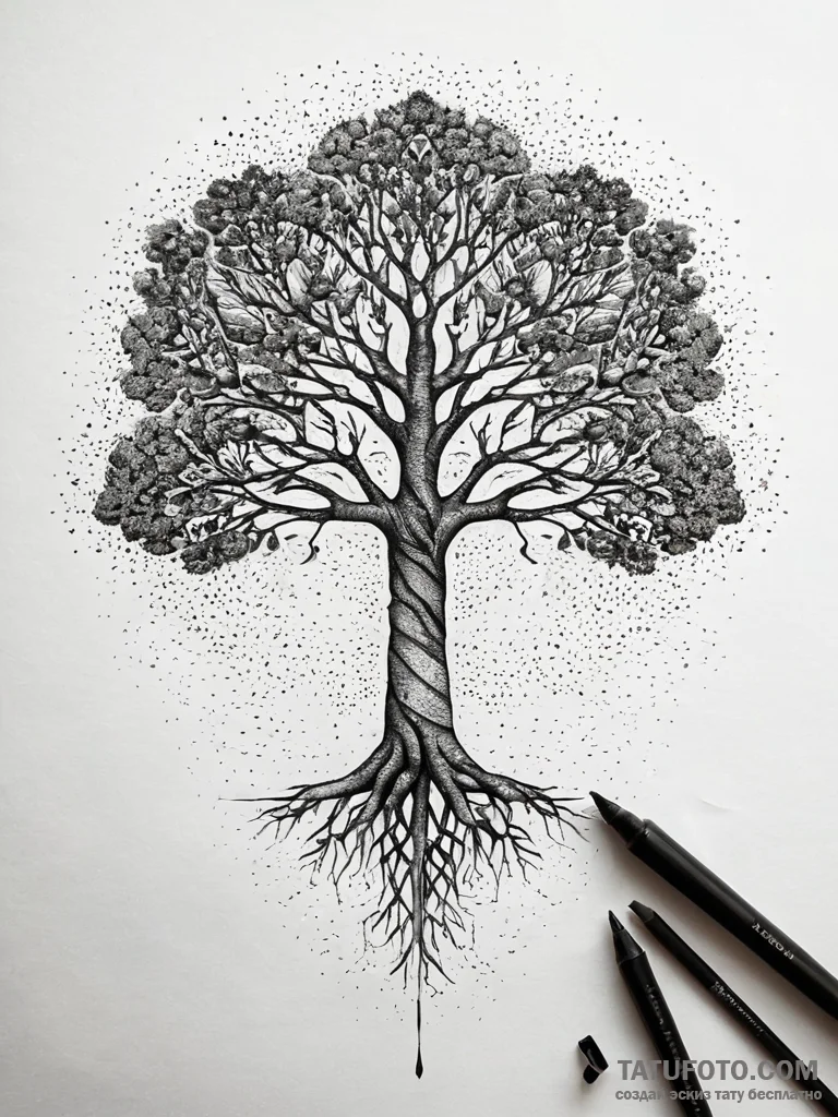 Quartz staff bound in roots, artistic tattoo... - эскиз тату (№1751319552_0, 30.06.2025 21:39) — Tatufoto.com