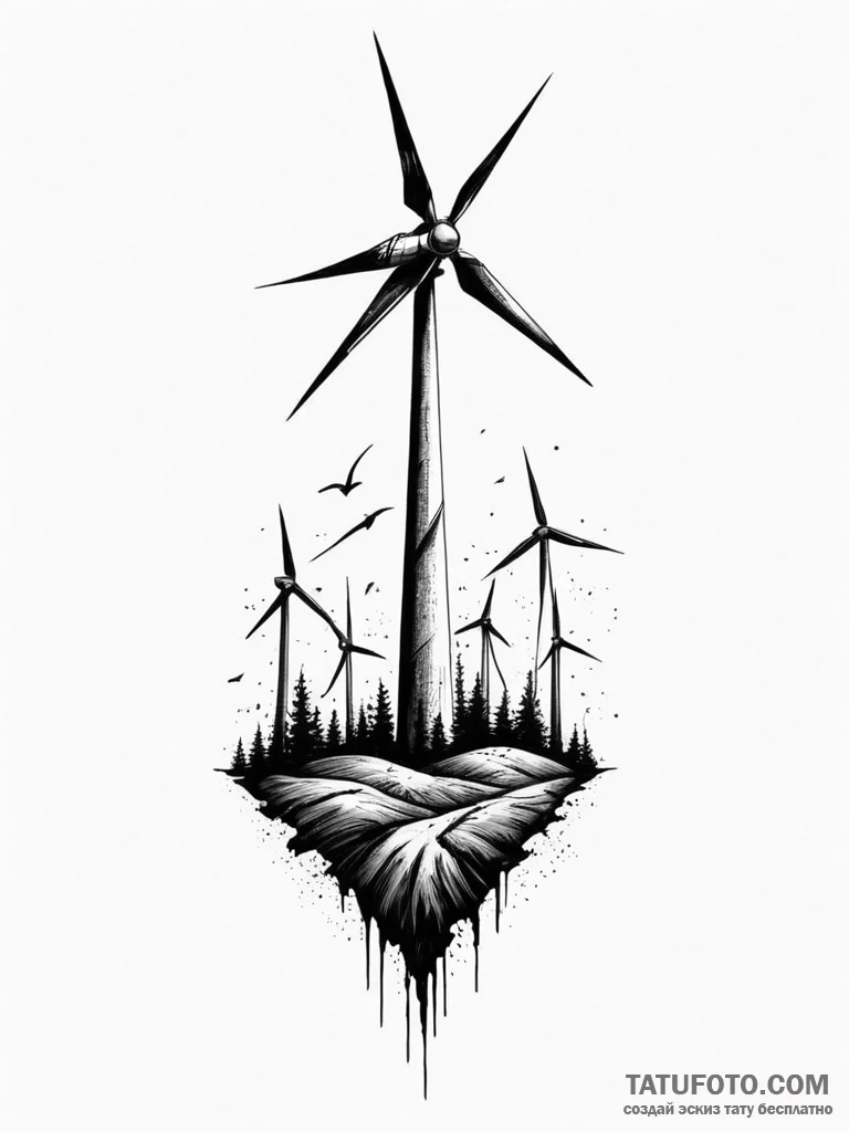 Wind turbine, broken and still, in a desolate... - эскиз тату (№1751325984_0, 30.06.2025 23:26) — Tatufoto.com