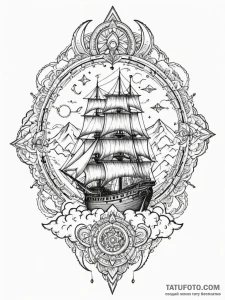Frigate ship sailing on a sea of clouds, tatt... - эскиз тату (№1751326385_0, 30.06.2025 23:33) — Tatufoto.com