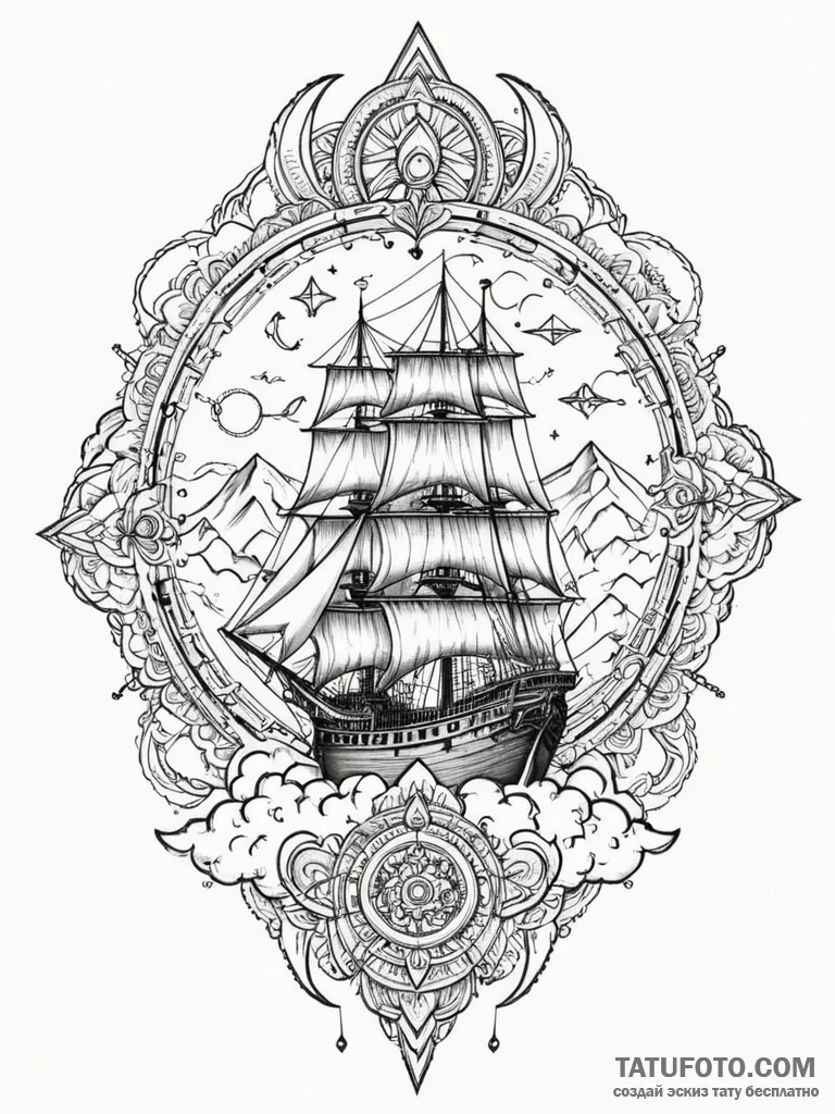Frigate ship sailing on a sea of clouds, tatt... - эскиз тату (№1751326385_0, 30.06.2025 23:33) — Tatufoto.com