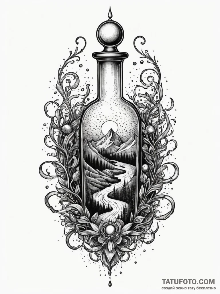 Plague vial beneath spectral rift, ink illust... - эскиз тату (№1751327525_0, 30.06.2025 23:52) — Tatufoto.com
