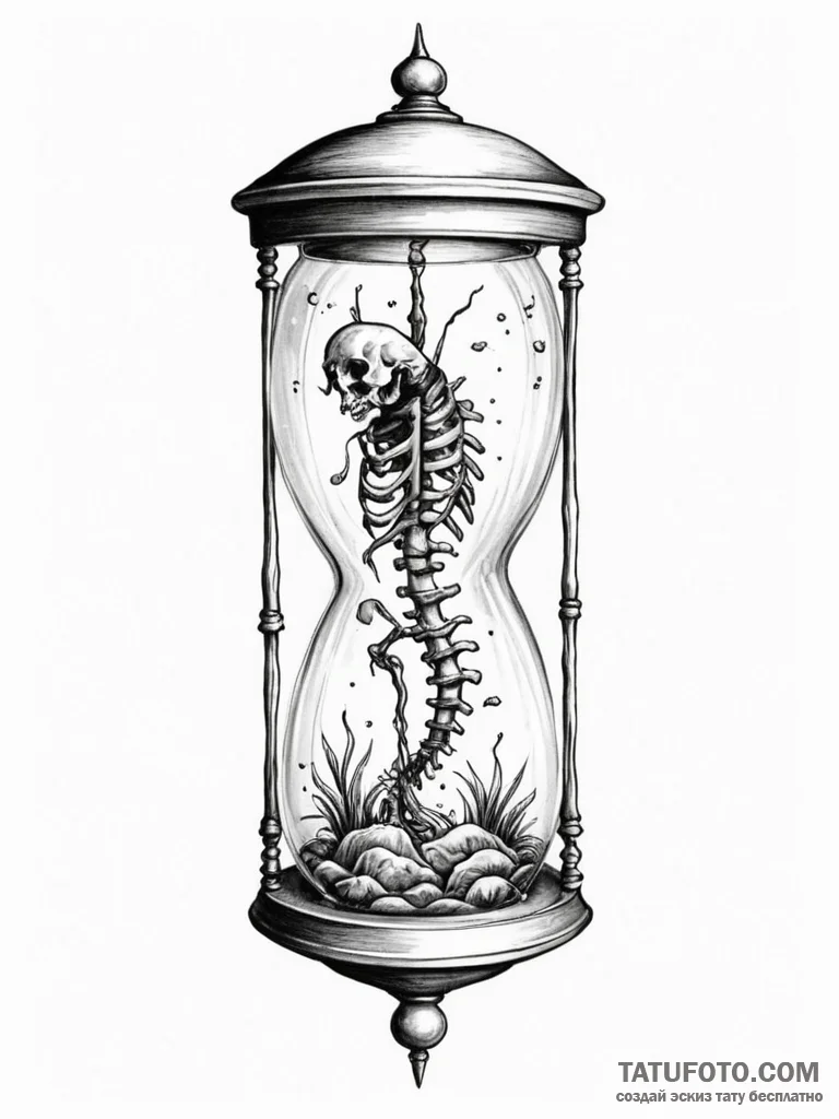 Fish skeleton swimming in an empty hourglass,... - эскиз тату (№1751327719_0, 30.06.2025 23:55) — Tatufoto.com