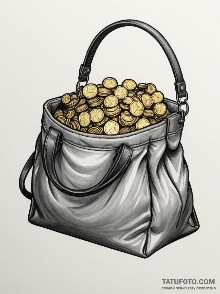 A detailed bag of gold coins, treasure,, tatt... - эскиз тату (№1751327783_0, 30.06.2025 23:56) — Tatufoto.com