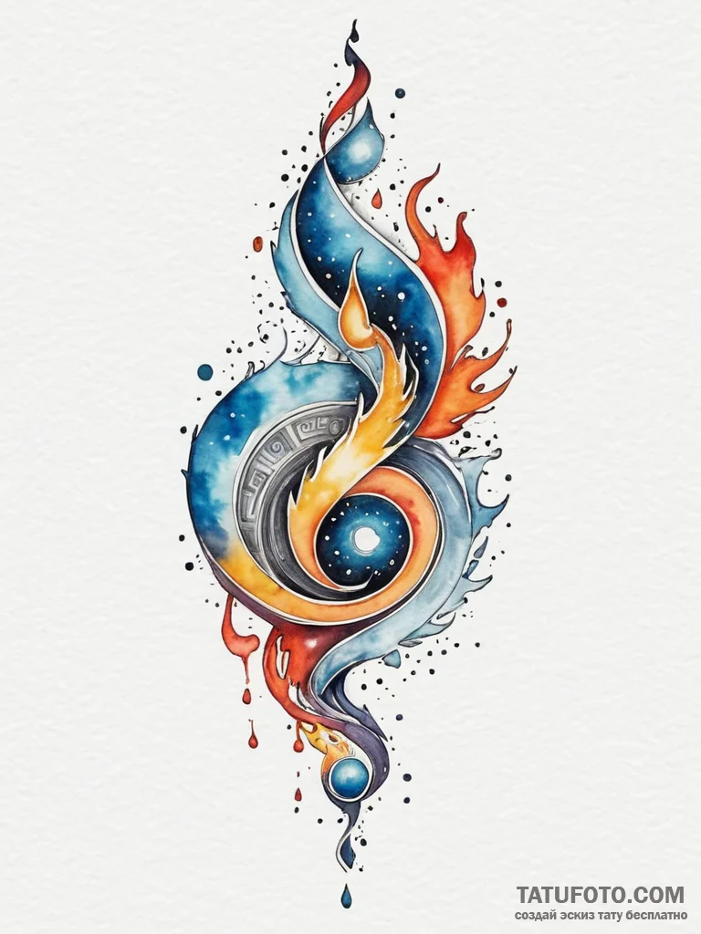 Cosmic flame spiraling upwards, tattoo sketch... - эскиз тату (№1751328178_0, 01.07.2025 00:02) — Tatufoto.com