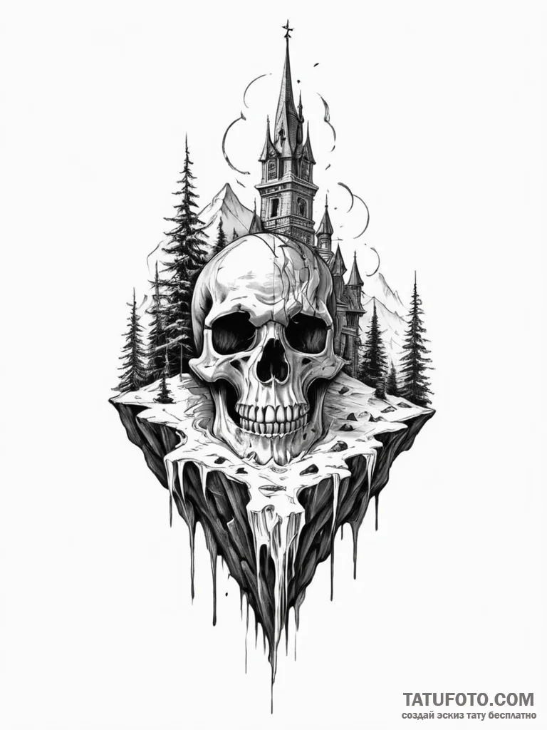 Yeti skull beneath frozen spire, ink illustra... - эскиз тату (№1751328247_0, 01.07.2025 00:04) — Tatufoto.com