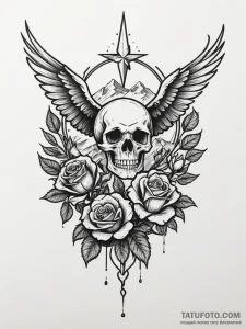 A whimsical bird flying over mountains, freed... - эскиз тату (№1751328680_0, 01.07.2025 00:11) — Tatufoto.com