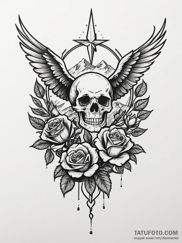 A whimsical bird flying over mountains, freed... - эскиз тату (№1751328680_0, 01.07.2025 00:11) — Tatufoto.com