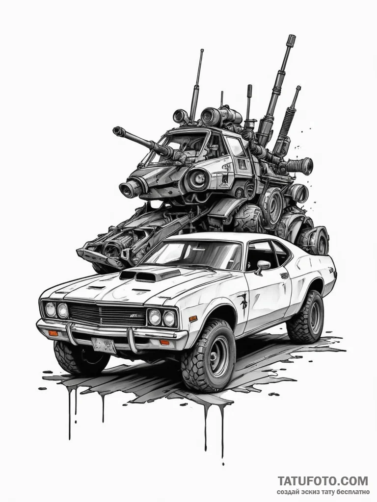 Mad max-style vehicle, armored with scrap met... - эскиз тату (№1751329698_0, 01.07.2025 00:28) — Tatufoto.com
