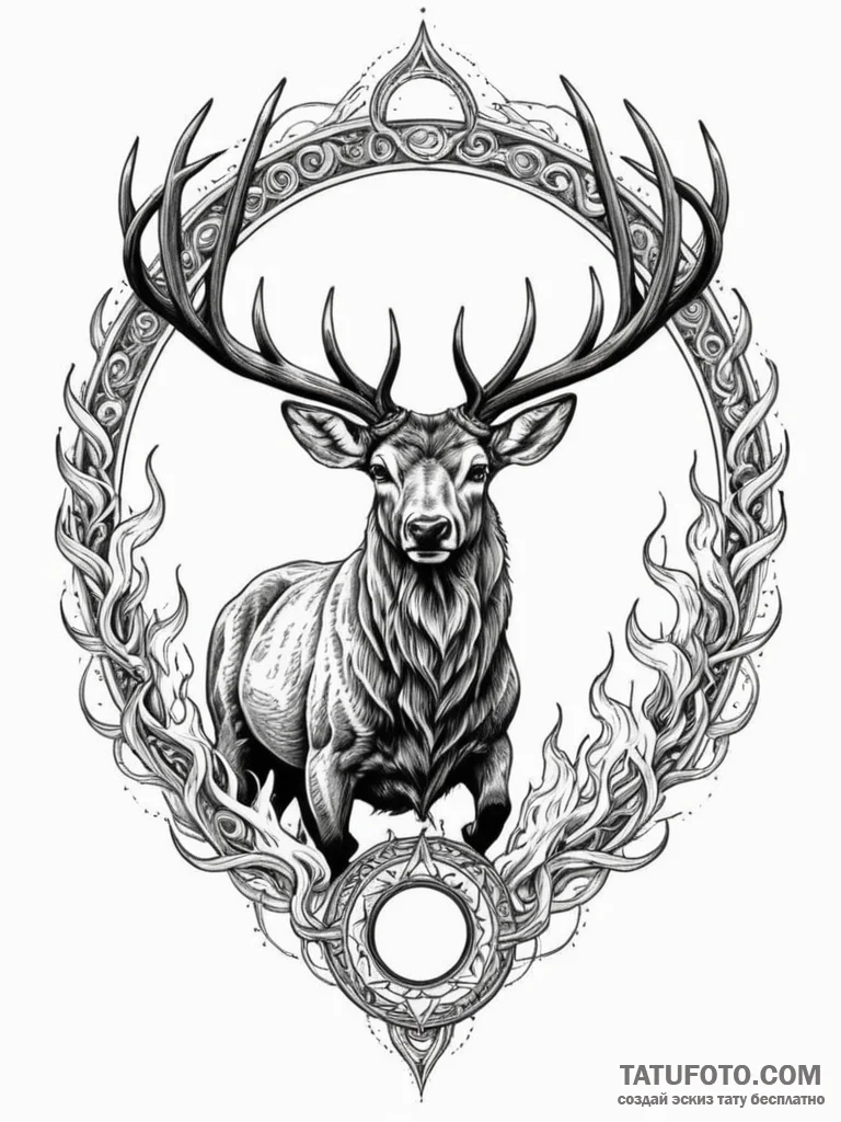 Burning stag leaping through ring of fire, co... - эскиз тату (№1751330097_0, 01.07.2025 00:34) — Tatufoto.com