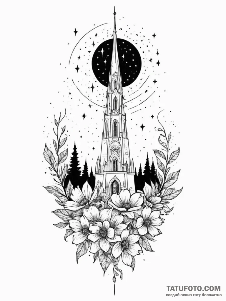 Night bloom beneath celestial spire, ink illu... - эскиз тату (№1751331042_0, 01.07.2025 00:50) — Tatufoto.com