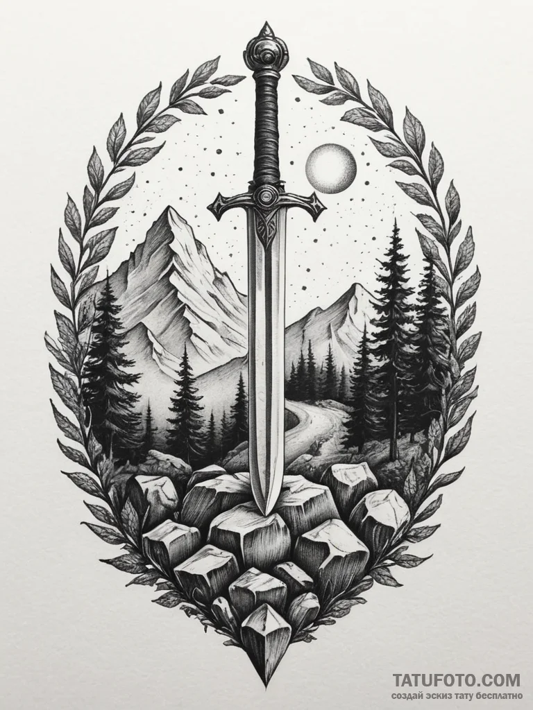 Sword in the stone, waiting for the rightful... - эскиз тату (№1751331983_0, 01.07.2025 01:06) — Tatufoto.com