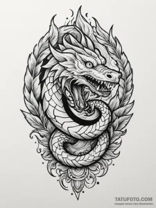 Feathered serpent devouring celestial flame,... - эскиз тату (№1751332653_0, 01.07.2025 01:17) — Tatufoto.com