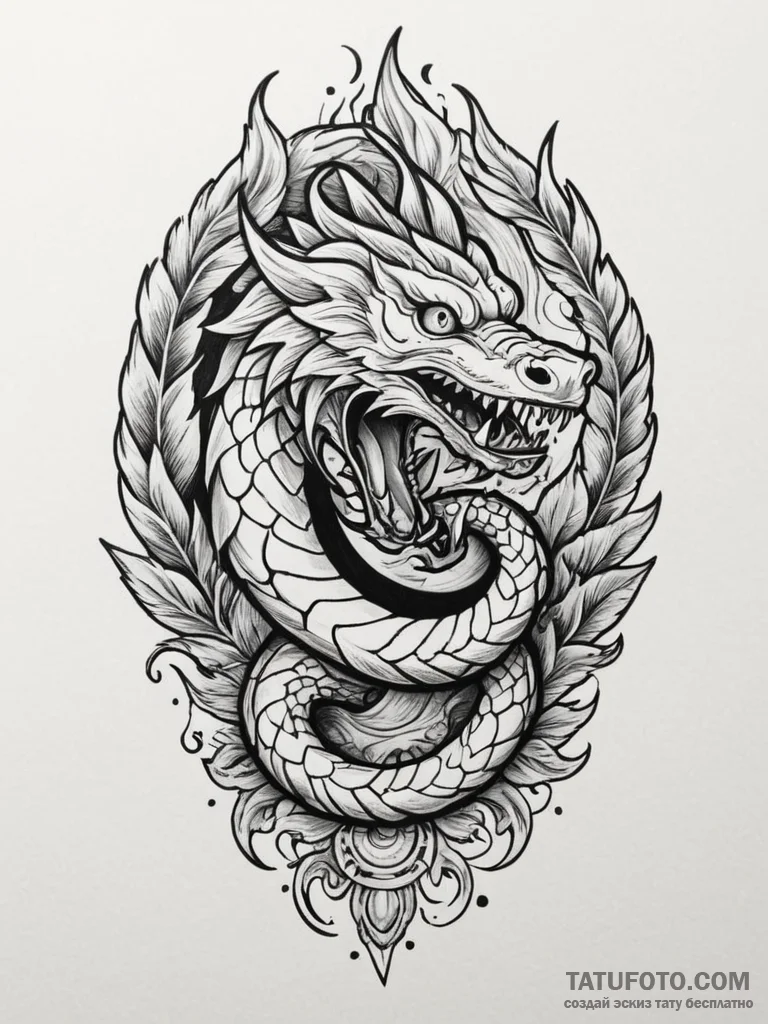 Feathered serpent devouring celestial flame,... - эскиз тату (№1751332653_0, 01.07.2025 01:17) — Tatufoto.com