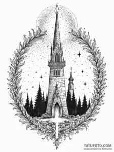 Ritual circle beneath burning spire, ink illu... - эскиз тату (№1751335262_0, 01.07.2025 02:01) — Tatufoto.com