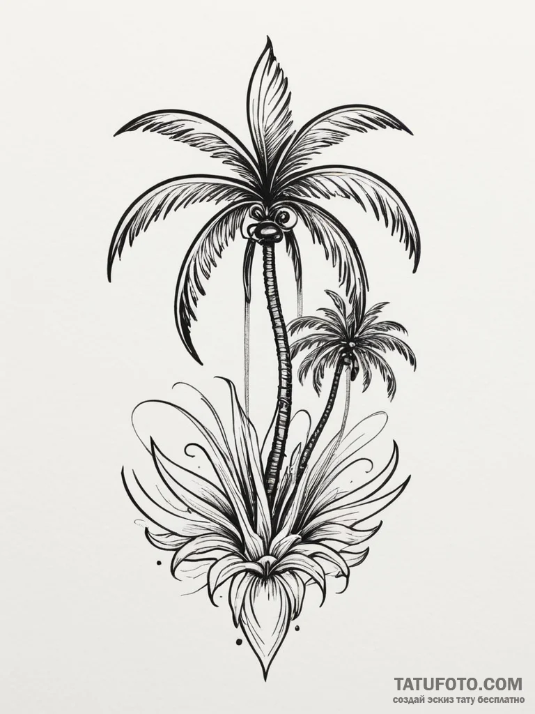 Palm tree, ink illustration for tattoo, black... - эскиз тату (№1751335600_0, 01.07.2025 02:06) — Tatufoto.com