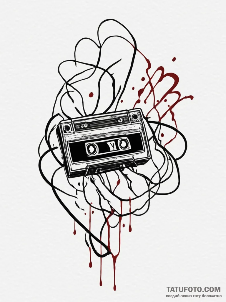 Vcr player ejecting a tape covered in blood,... - эскиз тату (№1751335664_0, 01.07.2025 02:07) — Tatufoto.com