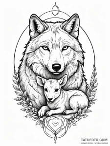 Wolf and a lamb lying peacefully together, ta... - эскиз тату (№1751335872_0, 01.07.2025 02:11) — Tatufoto.com