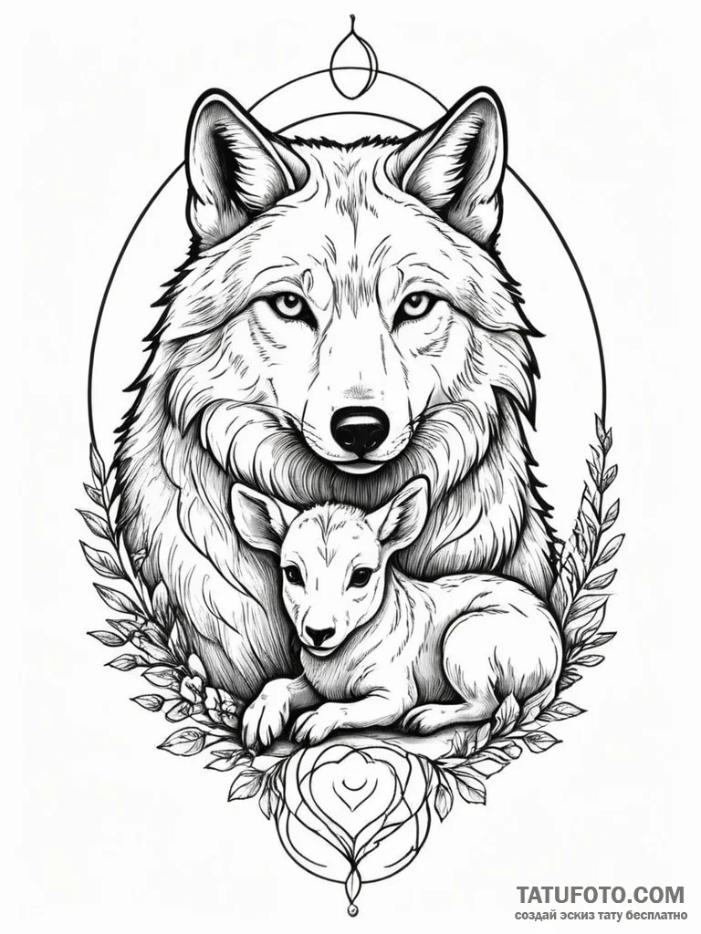 Wolf and a lamb lying peacefully together, ta... - эскиз тату (№1751335872_0, 01.07.2025 02:11) — Tatufoto.com