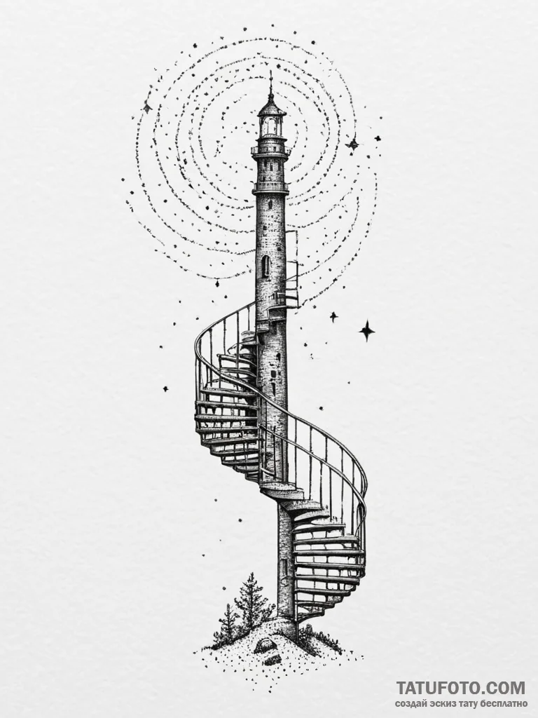 Spiral staircase in a tower, with starlight s... - эскиз тату (№1751336066_0, 01.07.2025 02:14) — Tatufoto.com