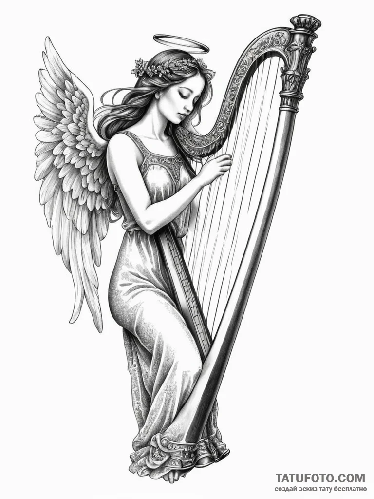Angelic harp glowing softly, artistic tattoo... - эскиз тату (№1751336288_0, 01.07.2025 02:18) — Tatufoto.com