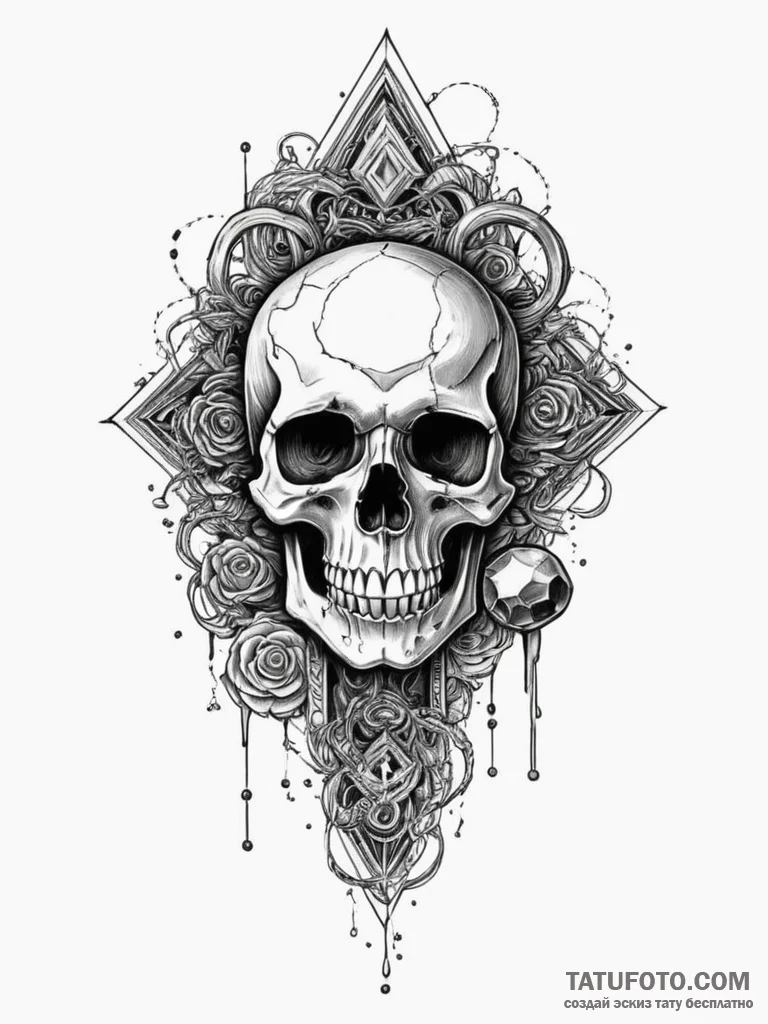 Arcane staff topped with crystal skull, tatto... - эскиз тату (№1751336619_0, 01.07.2025 02:23) — Tatufoto.com