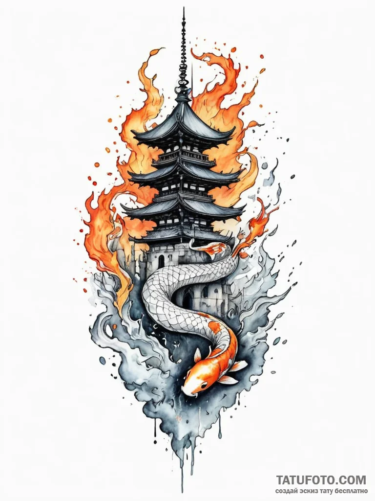 Koi serpent through burning spire, ink illust... - эскиз тату (№1751337218_0, 01.07.2025 02:33) — Tatufoto.com