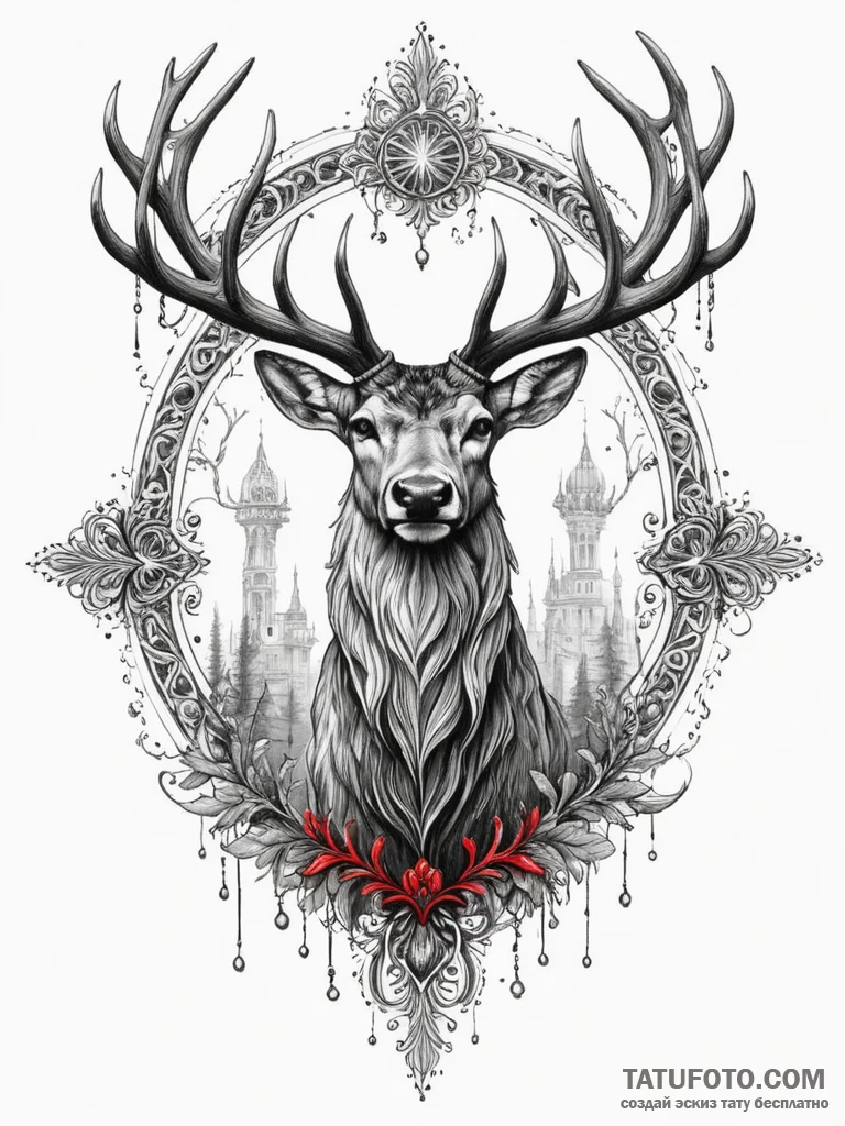 Ethereal stag crowned in mist, tattoo line ar... - эскиз тату (№1751338946_0, 01.07.2025 03:02) — Tatufoto.com