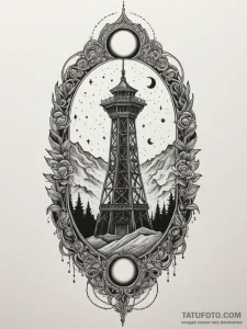 Eclipse above burning tower, tattoo flash she... - эскиз тату (№1751339844_0, 01.07.2025 03:17) — Tatufoto.com
