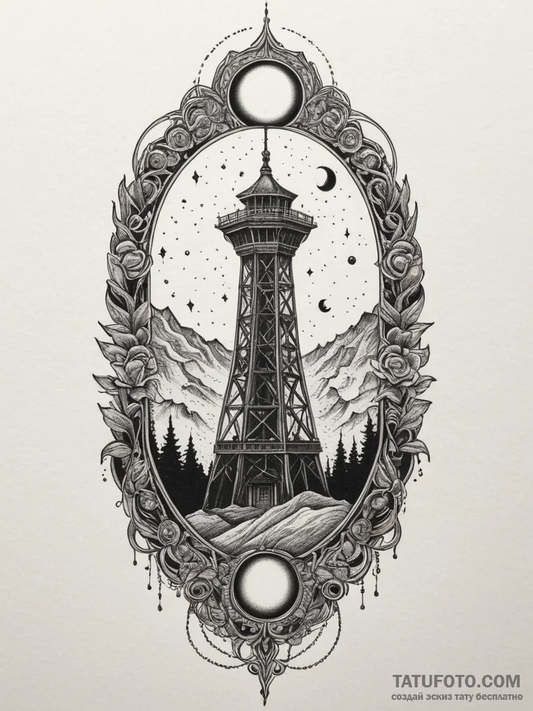 Eclipse above burning tower, tattoo flash she... - эскиз тату (№1751339844_0, 01.07.2025 03:17) — Tatufoto.com