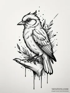 A whimsical bird perched on a hand, trusting,... - эскиз тату (№1751340877_0, 01.07.2025 03:34) — Tatufoto.com