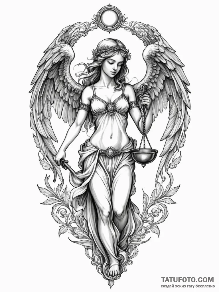 Blindfolded angel holding scales, concept art... - эскиз тату (№1751340955_0, 01.07.2025 03:35) — Tatufoto.com