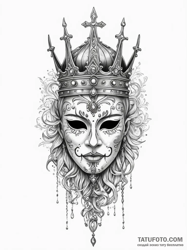 Engraved mask beneath icy crown, artistic tat... - эскиз тату (№1751341492_0, 01.07.2025 03:44) — Tatufoto.com