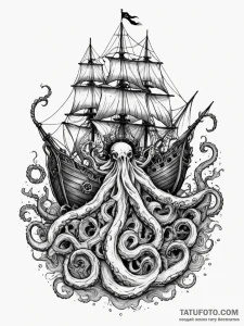 Kraken tentacle crushing a pirate ship, conce... - эскиз тату (№1751342396_0, 01.07.2025 03:59) — Tatufoto.com