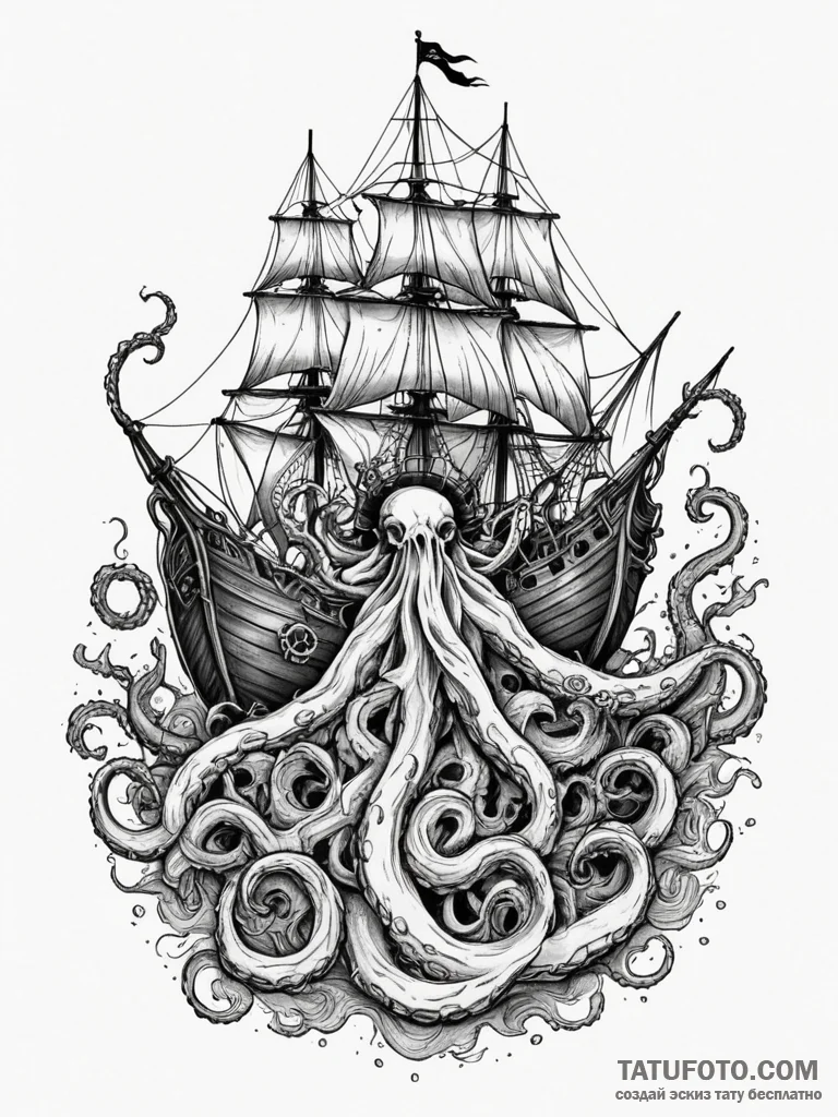 Kraken tentacle crushing a pirate ship, conce... - эскиз тату (№1751342396_0, 01.07.2025 03:59) — Tatufoto.com