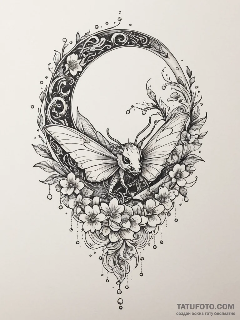 Luminous moth sipping dew from a crescent moo... - эскиз тату (№1751343594_0, 01.07.2025 04:19) — Tatufoto.com