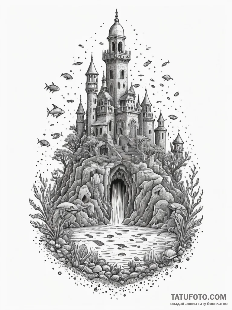 An underwater ancient city, half-submerged ru... - эскиз тату (№1751344312_0, 01.07.2025 04:31) — Tatufoto.com