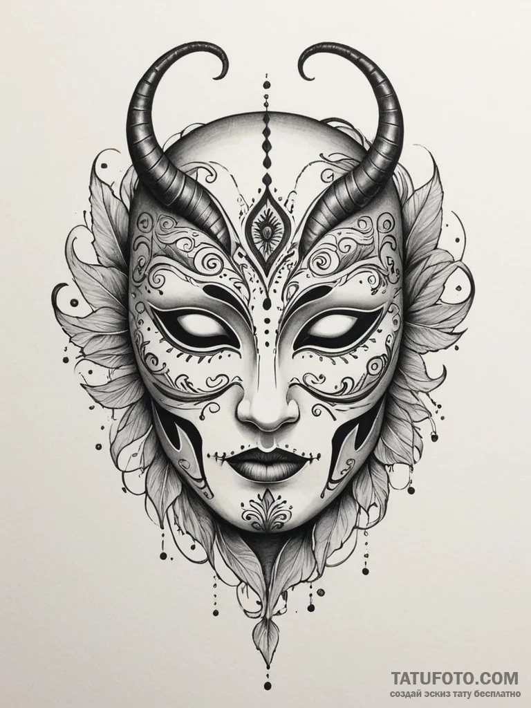 Ivory mask with hollow eyes, ink illustration... - эскиз тату (№1751345105_0, 01.07.2025 04:45) — Tatufoto.com
