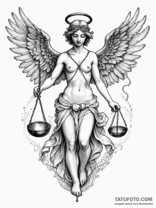 Blindfolded angel holding scales, ink illustr... - эскиз тату (№1751345506_0, 01.07.2025 04:51) — Tatufoto.com