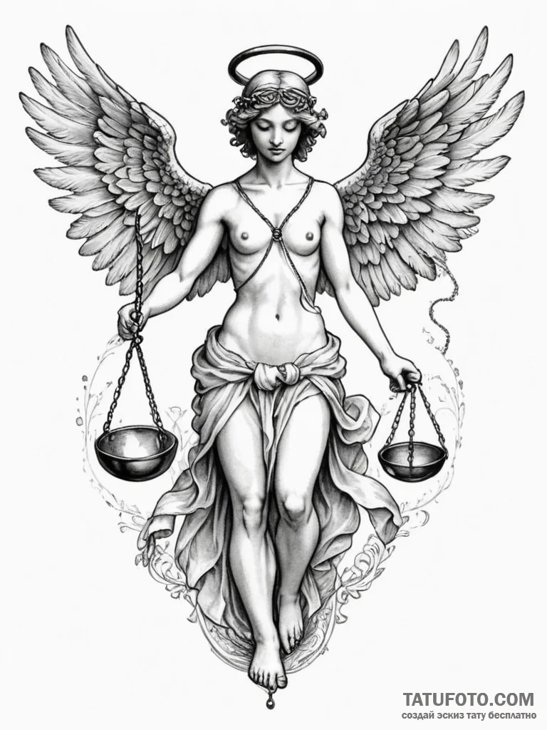 Blindfolded angel holding scales, ink illustr... - эскиз тату (№1751345506_0, 01.07.2025 04:51) — Tatufoto.com