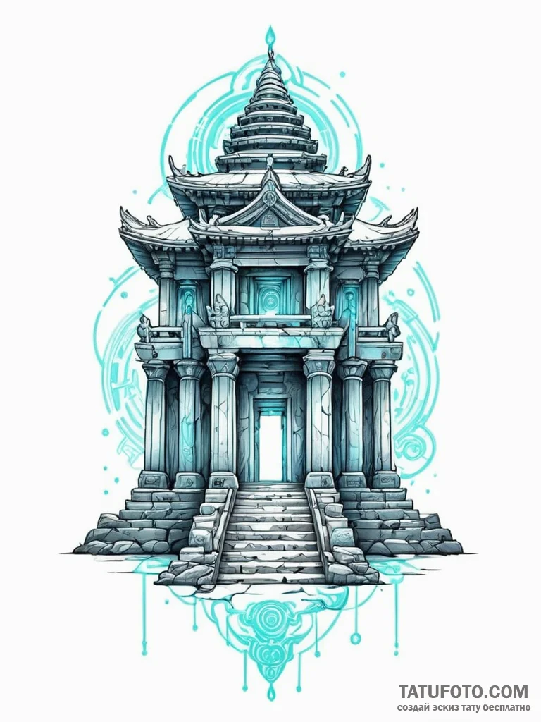 An ancient temple with neon holographic glyph... - эскиз тату (№1751346196_0, 01.07.2025 05:03) — Tatufoto.com