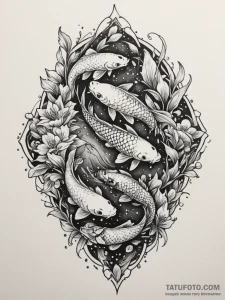 Koi pond frozen beneath ice, tattoo flash she... - эскиз тату (№1751347090_0, 01.07.2025 05:18) — Tatufoto.com