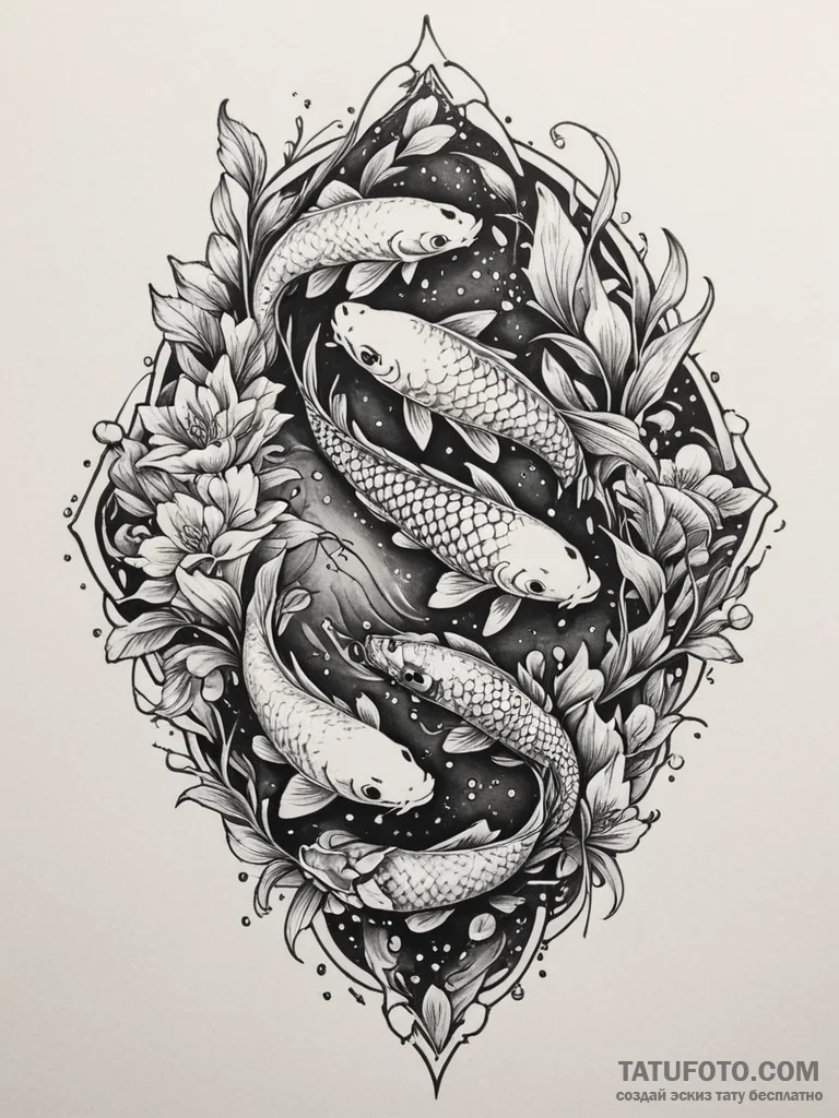 Koi pond frozen beneath ice, tattoo flash she... - эскиз тату (№1751347090_0, 01.07.2025 05:18) — Tatufoto.com