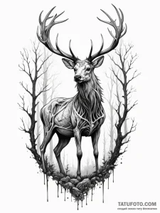 Ashen stag standing in skeletal forest, tatto... - эскиз тату (№1751347729_0, 01.07.2025 05:28) — Tatufoto.com